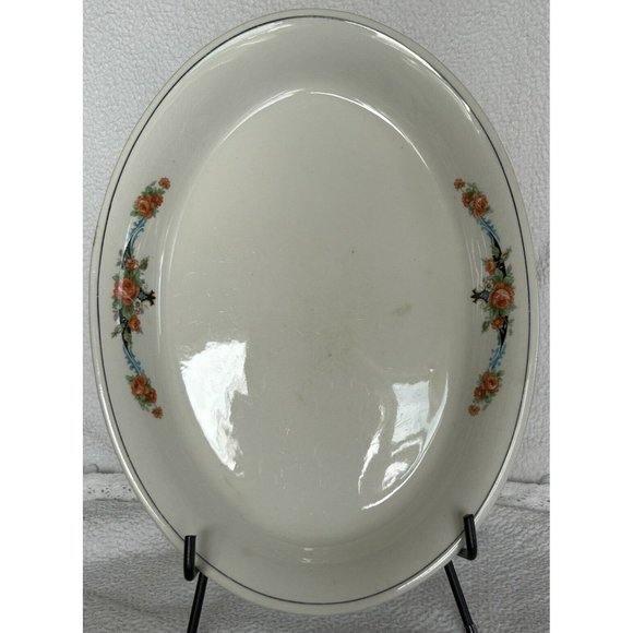 Crown Potteries Company Platter 11 5/8”L x 8 5/8”W Orange Roses Platinum Trim - Picture 1 of 12